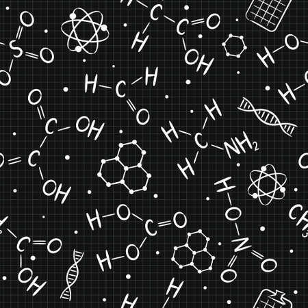 Seamless doodle pattern with chemistry elements on blackboard. Vector background. School pattern on page from a notebook in a cage.のイラスト素材