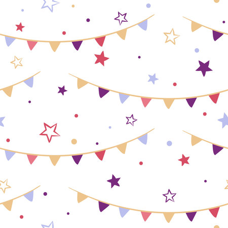 Seamless vector pattern with stars and garland of flags. Cute kids background in doodle style....