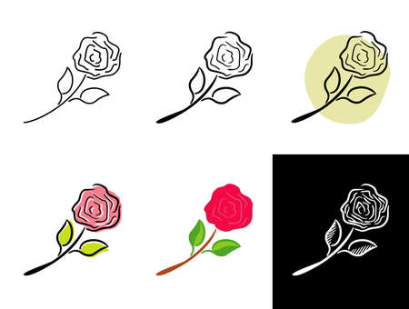 Rose flower icons set isolated on white background. Hand-drawn contour icon in doodle style, flat and chalk on a black board. Vector illustration for logotype, emblem and design.のイラスト素材