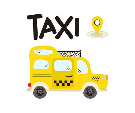 Hand drawn Yellow taxi with roof rack. Cab isolated on white background. Doodle Vector illustration on the theme of travel, transport, traffic, trip, navigation.のイラスト素材