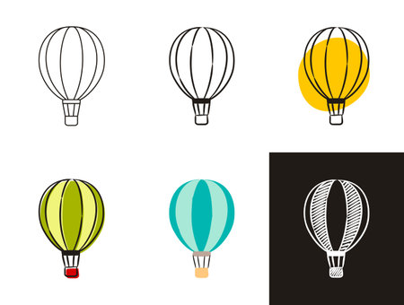 Air balloon icons set isolated on white background. Hand-drawn contour icon in doodle style, flat and chalk on a black board.のイラスト素材