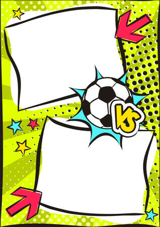 Vs cartoon football background in popart style. Two comic white boxes for text. Command List Tables. Sports Frame template for instruction, leaderboard, course of action. Vector illustrationのイラスト素材