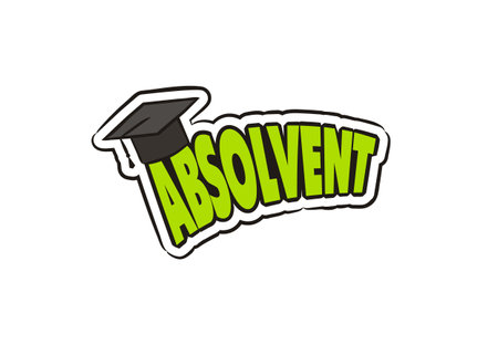 Comic graduate logo sticker in german. Cartoon logotype or badge in pop art style with cap For graduation school. Isolated Vector illustration. Translation: Graduateのイラスト素材
