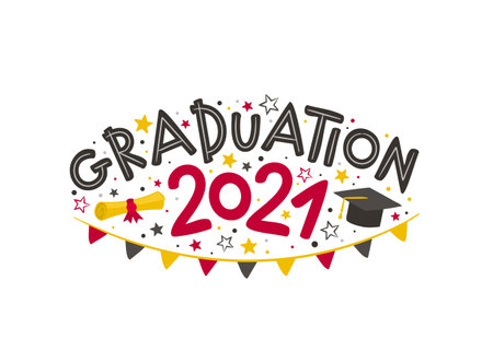 Doodle Logo for the 2021 graduate with a masters cap, rolled scroll, flags and stars. Vector illustration for badge or emblem. Isolated on white backgroundのイラスト素材