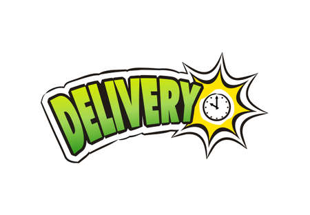 Pop art Logo For delivery service. Hand drawn icon of clock with title. Cartoon cargo emblem. Vector illustration for sticker, badge, poster, banner or fast courier.のイラスト素材