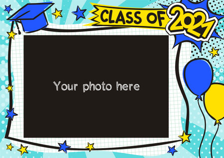 Graduation photo frame in pop art style for 2021. Bright page for class photos. Template for the design of frames for graduates, photographs, posters, cards, stickers. Vector illustration.のイラスト素材