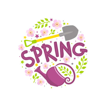 Cute Spring lettering emblem with blooming flowers, shovel and watering can. Hand drawn round Logo for postcard, poster or banner. Vector illustration in doodle style isolated on white backgroundのイラスト素材