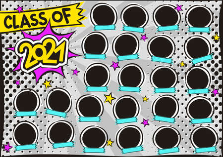 Photo frame for class of 2021 in pop art style. A photo album for a graduating class or community. Vector Template for the design of frames for Kindergarten, photographs, posters, cards.のイラスト素材