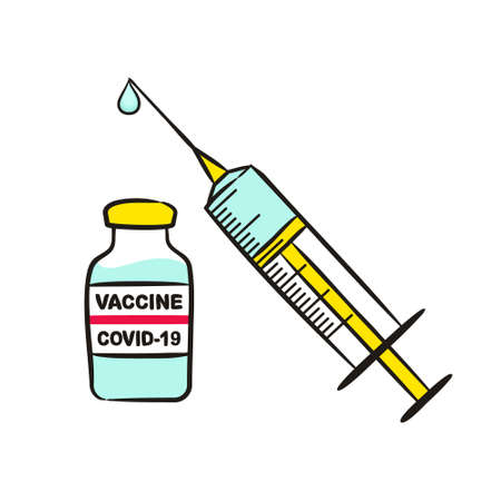 Hand-drawn blue covid vaccine vial and syringe. Medical product for Coronavirus vaccination. Vector illustration isolated on white background in doodle style.のイラスト素材