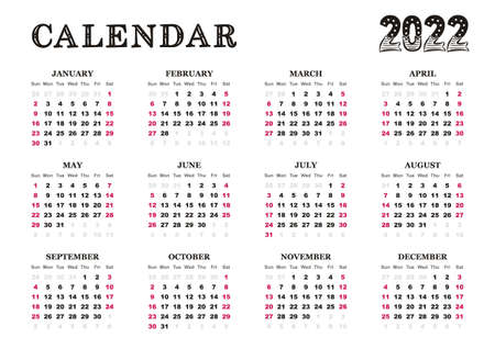Landscape Calendar template for 2022 year. 12 months yearly calendar set in 2022. Week starts on Sunday. Vector illustration.のイラスト素材