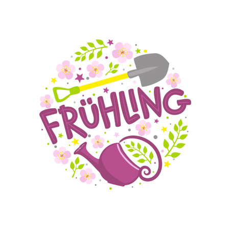 German Spring lettering emblem with blooming flowers, shovel and watering can. Hand drawn round Logo for postcard, poster or banner. Vector isolated illustration in doodle style. Translation: Springのイラスト素材