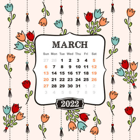 Thematic template for a calendar for 2022. The month of March. Decoration for the calendar with tulips and bouquets for Women's Day. Yearbook. Vector hand-drawn illustration, doodle style.のイラスト素材