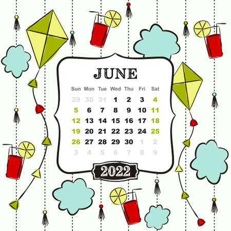Thematic template for a calendar for 2022. The month of June. Design for the calendar on the theme of summer, clouds, kites and lemonade. Yearbooks. Vector hand-drawn illustration, doodle style.のイラスト素材