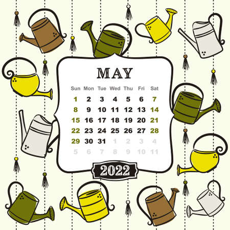 Thematic template for a calendar for 2022. The month of May. Design for the calendar on the theme of spring and garden work, colorful garden watering cans. Vector hand-drawn illustration, doodle styleのイラスト素材