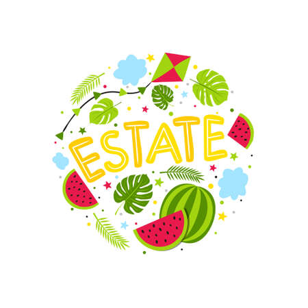 Italian hand drawn Summer emblem with watermelon, kite and jungle. Round Logo for postcard, poster or banner. Vector illustration in doodle style isolated on white background. Translation: Summerのイラスト素材