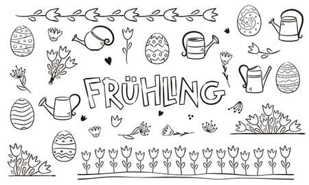 German Spring coloring. Doodle Elements for seasonal calendar. Hand-drawn doodle objects isolated on white background. Vector illustration for yearbooks and calendars for Germany.のイラスト素材