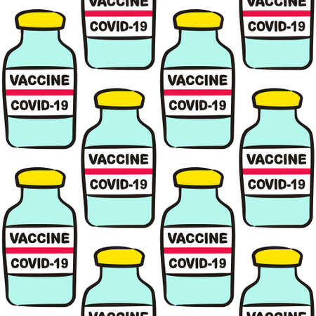 Seamless pattern with hand drawn covid-19 vaccine vials. No Infection and Stop Coronavirus Concepts. Vector illustration On the theme of medicine, science, microbiology, chemistry, pharmacy.のイラスト素材