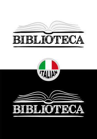 Library logo for Italy. Hand-drawn icon of an opened book. Library emblem in chalk style on a black chalkboard. Vector illustration for poster, banner or app design. Translation: Libraryのイラスト素材