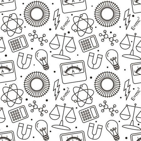 Seamless doodle pattern with school elements. Pattern with physics objects: ammeter, molecules, flask, calculator, magnet, light bulb, lightning, discharge. Vector background.のイラスト素材