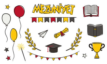 Turkish Set of casually hand drawn graduation elements. Isolated doodle icons. Master's cap, scroll, balloons, laurel. School Vector illustration for posters, cards, banners. Translation: graduationのイラスト素材