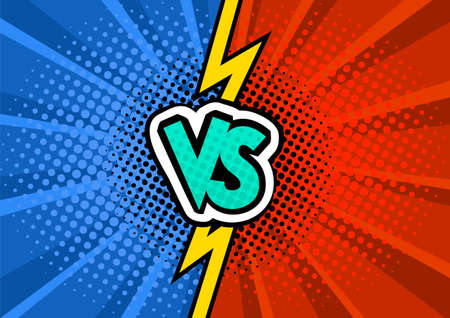 Vs comics book collision background. Red and blue Fight versus pattern. Comic magazine funny poster. Vector illustration in pop art styleのイラスト素材