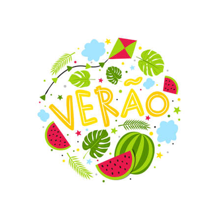Portuguese hand drawn Summer emblem with watermelon, kite and jungle. Round Logo for postcard, poster or banner. Vector illustration in doodle style isolated on white background. Translation: Summerのイラスト素材