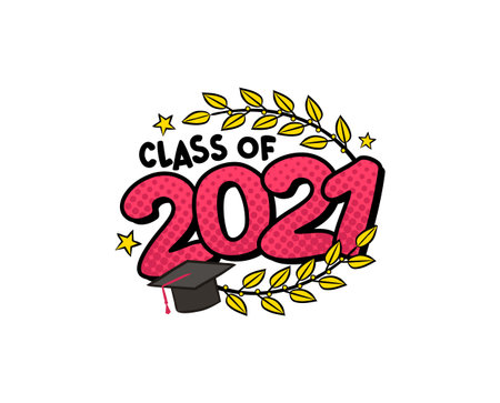 Class of 2021. Comic logo in pop art style. Bright red numbers with Golden branches of laurel. Vector illustration for badge or emblem. Isolated on white backgroundのイラスト素材