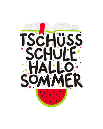 Goodbye School Hello Summer in German. Cute hand drawn card with open book and palms. Vector illustration in doodle style for posters and banners. Translation: Goodbye School Hello Summerのイラスト素材