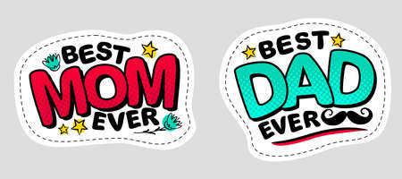 Best Mom Ever and Best Dad ever. Comic stickers in pop art style. Bright logo. Congratulations on Mother's Day and Father's day. Vector cartoon illustrationのイラスト素材