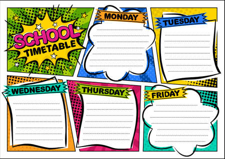 Comic template of a school schedule for 5 days of the week. Cartoon Blank for a list of school subjects. Retro timetable. Vector illustration in popart styles.のイラスト素材