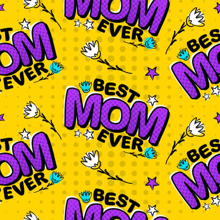 Best Mom Ever seamless pattern. Comic logo in pop art style. Bright violet halftone letters on yellow background. Congratulations on Mother's Day. Vector cartoon illustrationのイラスト素材