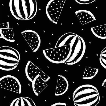 Seamless vector pattern with hand drawn chalk watermelons. White slices of watermelons on a blackboard. Trendy sketch illustration. Summer moodのイラスト素材