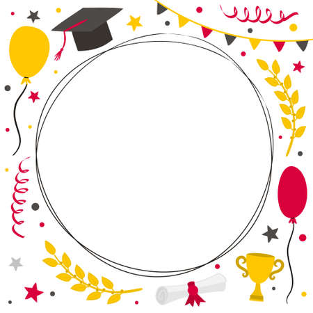 Round graduation frame with doodle style elements. Hand drawn holiday background with flags, balloons, laurel branches, stars and a graduate cap. Vector illustration.のイラスト素材