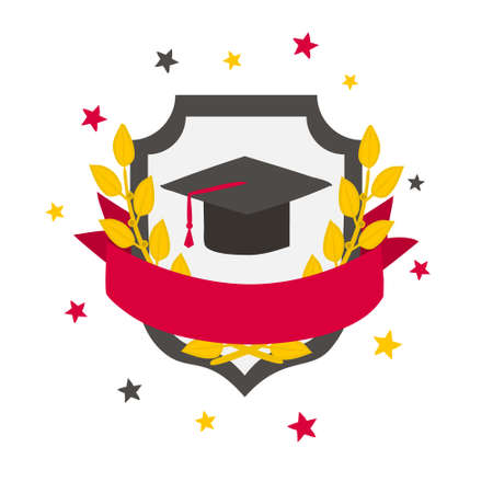 Graduation logo with shield, cap and laurel branches.のイラスト素材