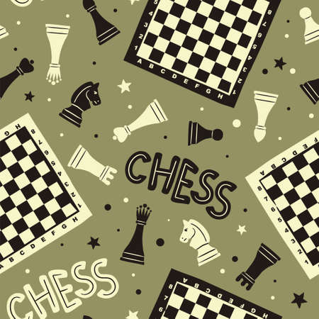 Seamless doodle pattern with chess pieces, checkerboards and stars.のイラスト素材