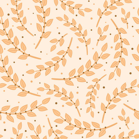 Seamless pattern of drawn laurel twigs. Light pink floral background. Vector illustrationのイラスト素材