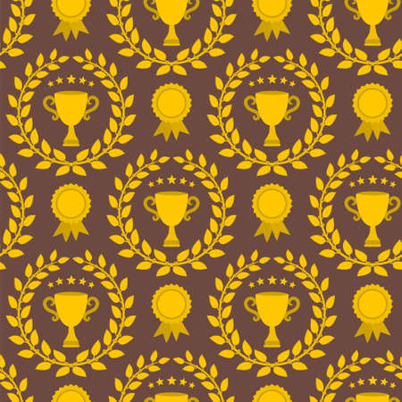 Seamless pattern of gold medals, cups and laurel wreath.のイラスト素材