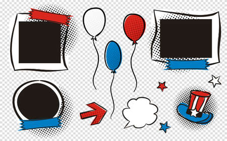 Set of comic photo frames and elements for USA Independence Day.のイラスト素材