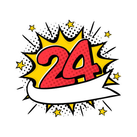 Comic logo for 24h express. Bright yellow explosion with stars. Black halftones in retro card.のイラスト素材