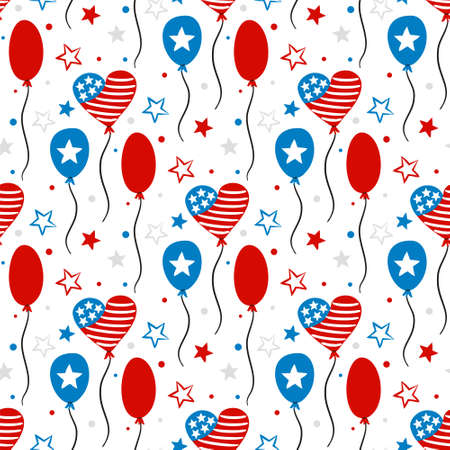 Seamless doodle pattern for Independence Day USA. Background of hand-drawn elements for July 4th in the national colors of the United States of America.のイラスト素材
