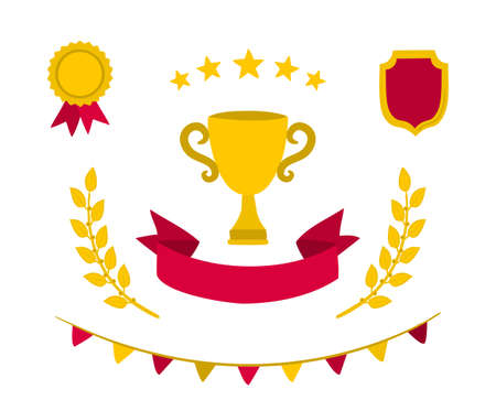 A set of hand drawn elements on the theme of victory, prize, trophy. Laurel wreath, cup, flags, stars.のイラスト素材