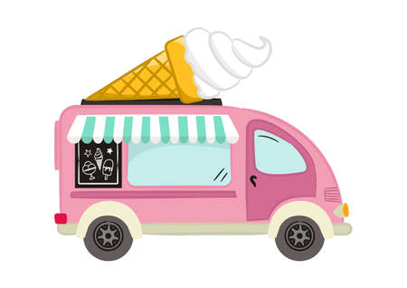 Hand drawn ice cream van isolated on white background. A car with a striped awning and a waffle cone on the roof. Vector illustration on the theme of summer, sweets and the holiday.のイラスト素材