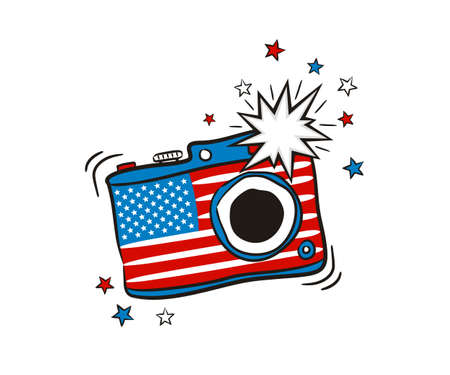Photo camera with flash in the colors of the USA national flag. Cartoon object for July 4th in the colors of the United States of America. Vector illustration for holiday or election.のイラスト素材