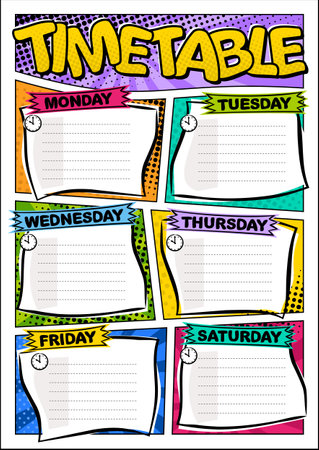 Comic template of a school schedule for 6 days of the week. Cartoon Blank for a list of school subjects. Retro timetable. Vector illustration in popart styles.のイラスト素材