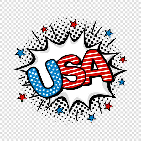 USA comic on transparent background. Cartoon White explosion with stars. Pop art vector illustration for July 4th in national colors of United States of America.のイラスト素材