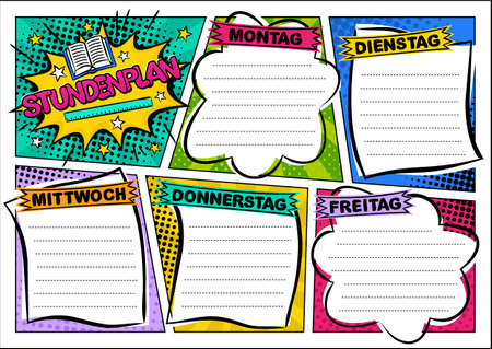 German Comic template of a school schedule for 5 days of the week. Cartoon Blank for a list of school subjects. Transaltion: Timetable, Monday, Tuesday, Wednesday, Thursday, Friday. Vector popartのイラスト素材