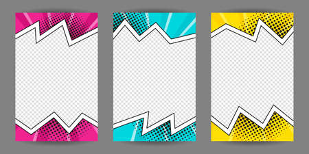 Set of Comic banners. Cartoon frame on a halftone background. Pop art Template for web design, banners, cards, coupons and posters. Vector illustration for for announcements, parties or sales.のイラスト素材