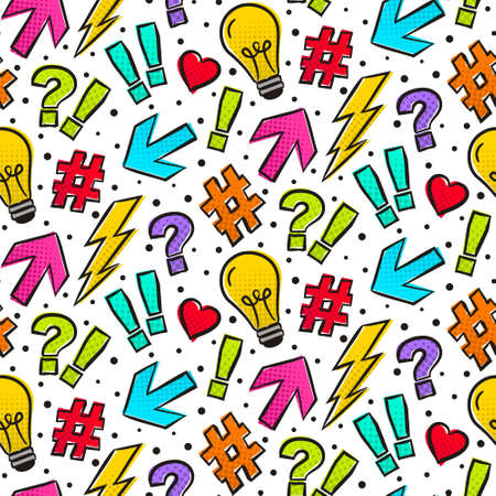 Seamless vector pattern of comics marks. White background with arrows, exclamation marks, question marks, lightbulbs, hashtag. Vector illustration for banner design, web design, covers and backdropのイラスト素材