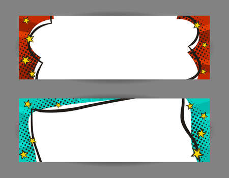 Set of Comic banners. Cartoon text frame on a bright background. Pop art Template for web design, banners, cards, coupons and posters. Vector illustration for for announcements, parties or sales.のイラスト素材