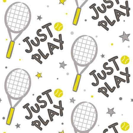 Seamless hand drawn tennis pattern. Hand drawn Sport background with tennis racket and ball. Vector Illustration for the design of competitions, sports projects, tennis equipment. Just Play Tennisのイラスト素材